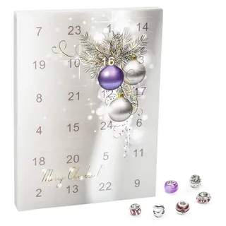 VALIOSA Mode-Schmuck Adventskalender mit Halskette, Armband + 22 individuelle Perlen-Anhänger aus Glas & Metall, das besondere Geschenk für Mädchen & Frauen, lila, 24-teilig (1 Set) - Weiß