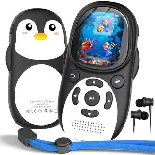64GB MP3 Player Kinder, Bluetooth 5.3 Lautsprecher Pinguin Design Tragbarer Musikplayer mit 2" IPS Bildschirm, FM Radio, Sprachrecorder, Wecker, 128GB Erweiterbar