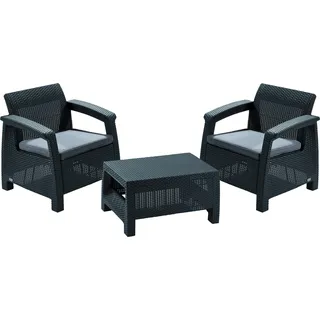 Keter Corfu Balkon-Set, Korfu Set, graphit, Sessel + Tisch + Sitzkissen - Grau
