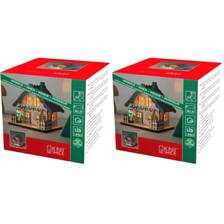 Konstsmide LED Holzsilhouette naturfarben, Holzhaus mit grauem Dach, 2 warm weiße Dioden, batteriebetrieben, Innen - 3232-100 (Packung mit 2)