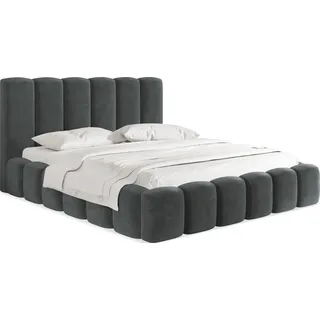 Polsterbett 180x200 mit Bettkasten und Lattenrost – Grau Bett mit hohem Kopfteil, Boucle oder Samt Stoff - Modernes Doppelbett mit Stauraum – Bettgestell, ohne Matratze – Serenity - Grau - Grau