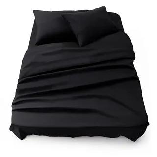Blumtal® Bettlaken Set 3-teilig - Oeko-TEX zertifiziertes 3er Set - Spannbettlaken 160x200x30cm + Bettlaken ohne Gummi 240x275cm + 2X Kissenbezug 50x80cm - schwarzer Stoff Betttuch/Bettdecke - Black