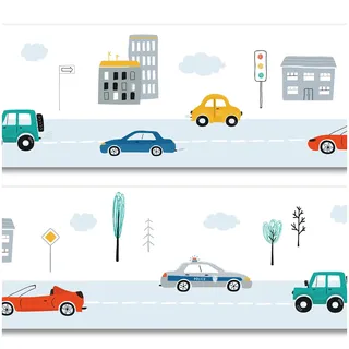 Bordüre 15cm x 200cm für Kinderzimmer Babyzimmer Dekor Aufkleber Wandbordüre selbstklebend Wandtattoo für Kinder Mädchen Junge Y033 (Autos)