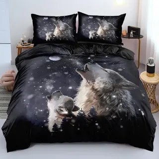 Luowei 3D Bettwäsche 135x200cm Bettwäsche Set 3D Wolf Muster Weich Schwarz Mikrofaser Bettbezug mit Reißverschluss und Kissenbezug 80x80cm