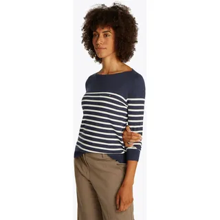 Strickpullover TOMMY HILFIGER "CO JERSEY STITCH BOAT-NECK SWEATER", Damen, Gr. XXXL(46), blau (schwarz night navy, ivory petal stp), Strick, Obermaterial: 67% Baumwolle, 33% Polyamid, gestreift, Basic hüftlang, U-Boot-Ausschnitt, Bündchen, Pullover Strickpullover, mit Tommy Hilfiger Logo-Flag am Ärmel, Regular Fit