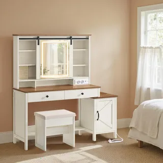 VASAGLE LIRY Kollektion - Schminktisch mit Spiegel, Beleuchtung, Hocker, Ladestation, 2 Schubladen