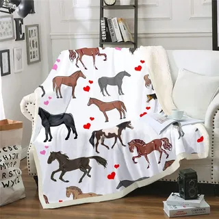 Loussiesd Niedliche Pferdedecke 150x200cm für Kinder Mädchen Ponys Herz Fleecedecke Ganzjahres Kuscheldecke Couch Sofa wirft Cartoon Nutztiere Sherpa Decke Pferd Fuzzy Wohndecke Atmungsaktiv Decke