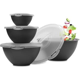 Hausfelder Salatschüssel Set groß mit Deckel 4er Set, 0,7L/1,9L/3,6L/6L, Schüsselset aus Kunststoff stapelbar, BPA-frei in Anthrazit Schwarz für Camping und Küche