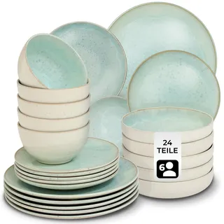 tectake® 24-teiliges Tafelservice 6 Personen, Steingut Geschirrset 6 Personen, handgefertigtes Teller Set mit Schüsseln, Geschirr Set spülmaschinen- und mikrowellengeeignet - Mid Sea