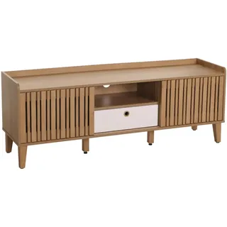 Mendler TV-Rack HWC-M48, Lowboard TV-Schrank, Schiebetür 56x150x40cm ~ natur, Schublade weiß