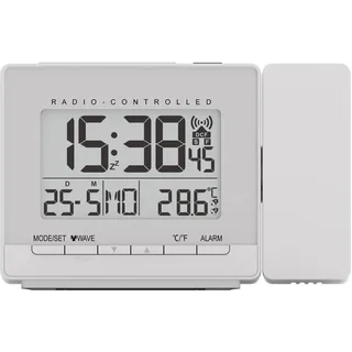 SINOIDEAS Projektionswecker – Funk-Digitalwecker mit Projektion, Temperaturanzeige, Snooze, mehrsprachiger Wochentagsanzeige, Einstellbarer Displaybeleuchtung, inkl. Netzadapter, weiß.
