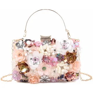 Fecialy Blumen Clutch Abendtaschen für Damen mit bunten Blumen Metall Strasssteinen Abend Clutch Geldbörse Hochzeit Party Handtaschen,Champagner