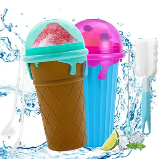 DAZZTIME Slush Becher 2-teiliges Set,Silikon Squeeze Cup Slush Eis Becher zum Kneten Smoothie Pinch Ice Cup DIY Slushy Maker Cup Gefrorene Maker Smoothie Becher Sommer-Slush Cup mit Strohhalmlöffel
