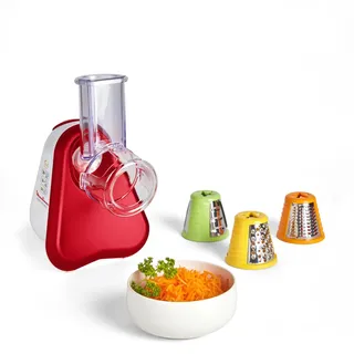 Moulinex Fresh Express 3 in 1 Elektrisches Schnitzelwerk, Gemüseschneider, Gemüsehobel, 150W, 3 Einsätze (fein reiben, fein schneiden, Käse reiben), Made In France, rot, weiß, DJ7535