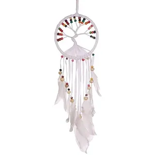 Traumfänger Baum des Lebens 11 cm Durchmesser Traumfänger mit echten Federn (Weiß)