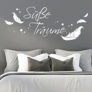 Wandtattoo Loft "Süße Träume" Wandtattoo Sprüche – 30 Farben & 3 Größen – selbstklebender Schriftzug mit Federn, Wandtattoo Schlafzimmer, stilvolle Wanddekoration für Wohnzimmer & Schlafzimmer