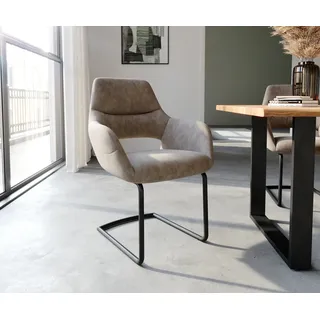 DELIFE Freischwinger Yago-Flex mit Armlehnen Mikrofaser Taupe Vintage Freischwinger rund Schwarz Taschenfederkern - Taupe, Beige