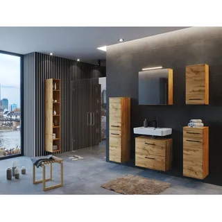 Badezimmermöbel Set in Wotan Eiche Nb. MORISSON-03 mit Spiegelschrank inkl. LED Aufbauleuchte, B/H/T: ca. 235/200/35 cm - Braun