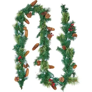 Weihnachtsgirlande, 2750 mm künstliche Weihnachtsgirlande mit Lichterkette, künstliche Grünpflanzendekoration mit Beerenbüscheln, Tannennadeln, Tannenzapfen, realistische Weihnachtskollektion für den Kaminsims