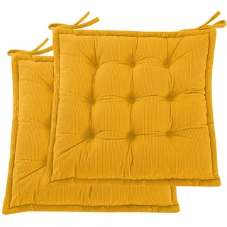PRIMEPATIO Indoor Sitzkissen Stuhl 2er Set – Komfortable Cordstoff-Sitzmatte Stuhlkissen mit Bändern, Hochwertige Füllung, Ideal für Esszimmer, Büro, Wohnzimmer, Outdoor Gartenstuhl, 45x45x7, Gelb