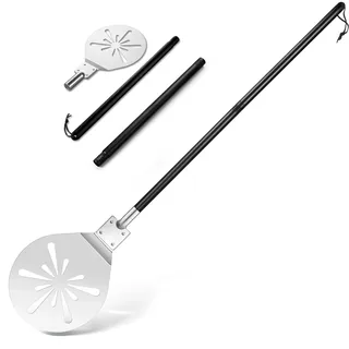 TEAMFAR Pizzaschieber, 22,8 x 25,8 x 115 cm Perforierter Edelstahl Pizzaschaufel Pizza Schieber, Rund Großer Fläche & Abnehmbaren Griff zum Leichten Gleiten auf Pizzastein, Leicht zu Reinigen