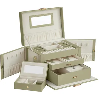 SONGMICS Schmuckkästchen 3 Ebenen, Schmuckkasten 2 Schubladen, tragbare Mini-Box für Reisen, mit Griff, abschließbar, Geschenkidee, PU-Bezug in Lorbeergrün, Innenfutter in Cremeweiß JBC121C02