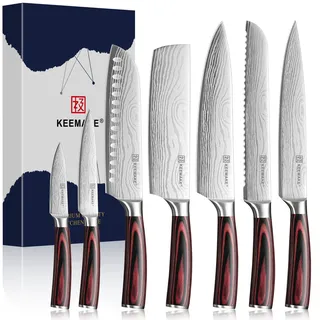 KEEMAKE Messerset Küchenmesser Set 7 teilig, Küchenmesser Klein Gemüsemesser Brötchenmesser Santoku Fleischmesser Scharf Kochmesser Nakiri, Messer aus Edelstahl mit Gravur