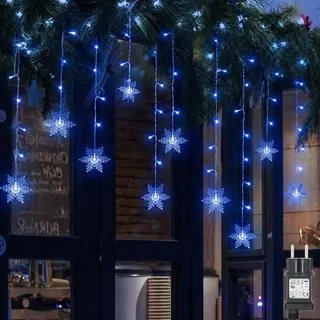 2 Stück Schneeflocke Lichterkette 94LEDs Lichtervorhang Blau Innen 8 Modi IP44 Deko Für Weihnachten Fenster Balkon Garten Party - Blau