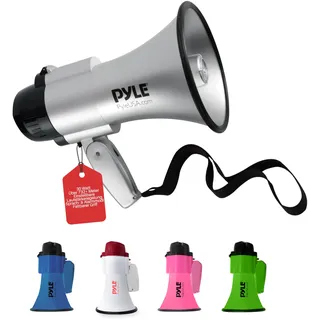 Pyle Audio Pyle Megafon 30W mit Sirene & Mikrofon, Silber Faltbares Megaphone für Kinder & Erwachsene, Lautsprecher für Fußball, Events, Notfälle