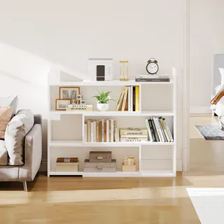 YITAHOME Bücherregal Klein mit 4 Ebenen,Bücherschrank Verstellbare Breite von 80-150cm, mit 6 Fächern, Büroregal, Würfelregal, Standregal, für Wohnzimmer, Schlafzimmer, Büro, Kinderzimmer