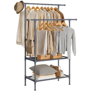 SONGMICS Kleiderständer, Garderobenständer aus Metall, mit 2 Kleiderstangen, 2 Ablagen, bis 70 kg belastbar, einfache Montage, grau RDR002G02