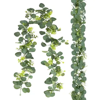 Yhjxly Künstliche Eukalyptus Girlande, Eukalyptus Deko,Pflanzen Girlande Grün 180cm Weidenblättern Blätter,Pflanze Hängepflanze,für Hochzeiten Partys Esstische Kaminsimse Treppen Türrahmen