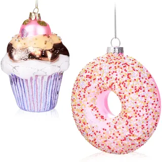 BRUBAKER Baumkugel Set Muffin & Donut - Handbemalte Weihnachtskugeln Süßes in Rosa Pink - Mundgeblasener Christbaumschmuck aus Glas - Sweets Baumschmuck Lustig - 2-teiliges Baumanhänger Set