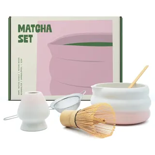 Matcha Set aus Keramik | inkl. Matcha-Schale, Bambus-Besen, Besenhalter, Bambuslöffel & Sieb | Traditionelles Matcha Tee Set | Matcha Schüssel mit Ausgießer | Geschenk für Matcha-Liebhaber (Pink)