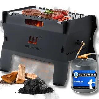 WALDMEISTER BruzzLee mobiler Gasgrill klein | kompakter Camping Gasgrill mit 2 Brennern | Kompaktgrill steckbar | Tischgrill für Camping, Balkon, Outdoor