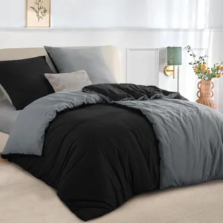 RUIKASI Bettwäsche 135x200 Schwarz Grau 4teilig - Wendebettwäsche Bettbezug 135 x 200 mit Reißverschluss, Oeko-TEX Mikrofaser Bettwäsche Sets, Weich und Bügelfrei