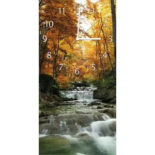 Wallario Design Wanduhr Kleiner Bach über Steine im Herbstwald aus Echtglas, Größe 30 x 60 cm - Schwarz