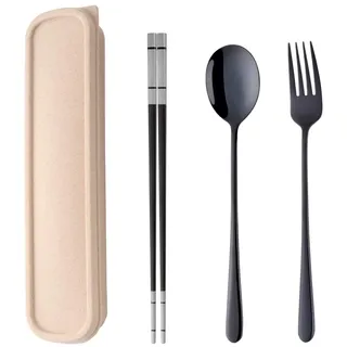 SBOMHS Tragbares Outdoor Reisebesteck set Schwarz Camping Besteck to go Picknick Schule Büro Lunch Geschirr für 1 person Edelstahl Essstäbchen Lange Tafelgabeln Suppenlöffel Weizenstroh Geschenkbox