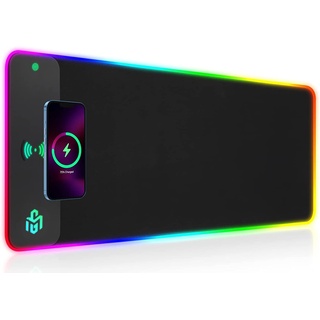 RGB Gaming Mauspad 15W Qi Mousepad LED, 10 Beleuchtungsmodi mit 15W Schnellladung Qi Kabelloses Laden für I-Phone Handy, Kopfhörer, Wasserdicht, rutschfest für Gaming, Schreibtische, PC und Büro