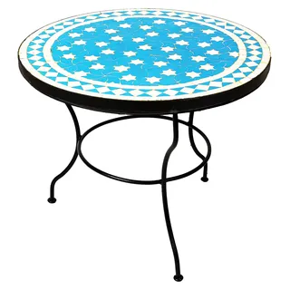 ORIGINAL Marokkanischer Mosaiktisch Couchtisch ø 60cm Groß rund | Runder Kleiner Mosaik Gartentisch Mediterran | als Tisch Beistelltisch für Balkon oder Garten | (Türkis Weiß) - Türkis, Weiß
