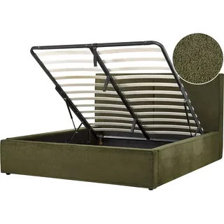BELIANI Polsterbett Dunkelgrün Bouclé-Stoffbezug mit Hohem Kopfteil Lattenrost 160 x 200 cm Bettkasten Hochklappbar Modern Skandi Schalfzimmer Möbel - Grün, Schwarz
