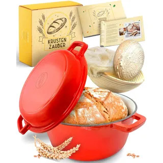 KRUSTENZAUBER Gusseisen Topf Brot Backen [inkl. Gärkorb] - Hochwertiger Emaille Topf 26cm - Idealer gusseiserner Brottopf zum Backen, Gusseisentopf Brotbacken, Brot Backen Zubehör...