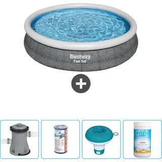 Bestway runder aufblasbarer Fast-Set-Pool – Rattan-Druck – 366 x 76 cm – inklusive Pumpe Filter - Chlorschwimmer - Chlor - Grau