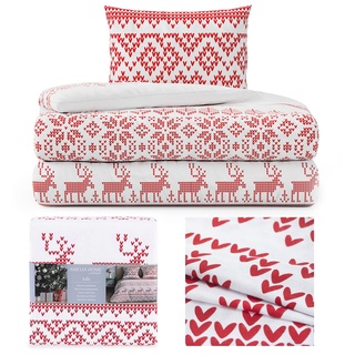 AmeliaHome Biber Bettwäsche 155x220 mit 1 Kopfkissenbezug 80x80 Baumwolle Reißverschluss Snuggy Jolly Rentiere norwegische Muster rot weiß