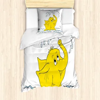 ABAKUHAUS Tier Mantele, Cartoon-Elefant-Wasser, Milbensicher Allergiker geeignet mit Kissenbezügen, 135 cm x 200 cm - 80 x 80 cm, Gelb Hellblau - Gelb