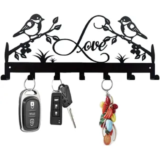 Schlüsselhalter aus Metall, Schlüsselbrett mit 7Haken, Schlüssel Organizer Wand Schwarz, Schlüsselhalter für Wandhaken Dekor, key holder, Multifunktionshaken für Flur, Büro, Küche (Kleiner Vogel)
