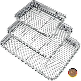 Wildone Backblech mit Gitter-Set 3 Pfannen + 3 Gestelle), Edelstahl-Backform mit Kühlgitter, ungiftig, strapazierfähig und leicht zu reinigen
