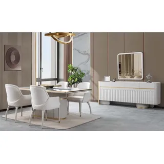 aea Esszimmer Set Esstisch 4x Stühle Sideboard mit Spiegel Holz Essgruppe Garnitur - Weiß