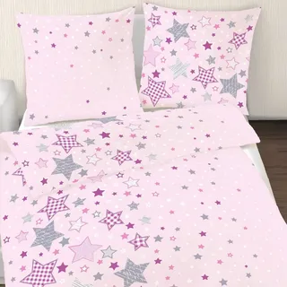 termana Bettwäsche 135x200 Sterne Kinder-Bettwäsche rosa 80x80 + 135x200, 100% Baumwolle Biber, Reißverschluss, Kinderbettwäsche, Mädchenbettwäsche