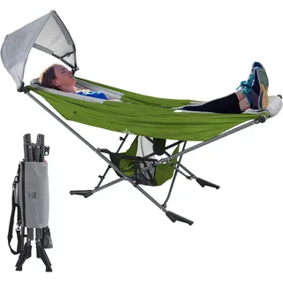 MOCK ONE Hängematte mit Gestell und Verstellbarem Sonnenschutz, Hängematte Outdoor mit Gestell Klappbar mit Stahlrahmen für Garten, Camping, Strand, Grün